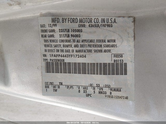 Aukcja sprzedaży 2000 Ford Mustang, vin: 1FAFP4443YF172404, numer aukcji: 45124756