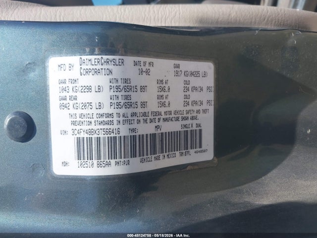 45124758 :رقم المزاد ، 3C4FY48BX3T566416 vin ، 2003 Chrysler Pt Cruiser مزاد بيع