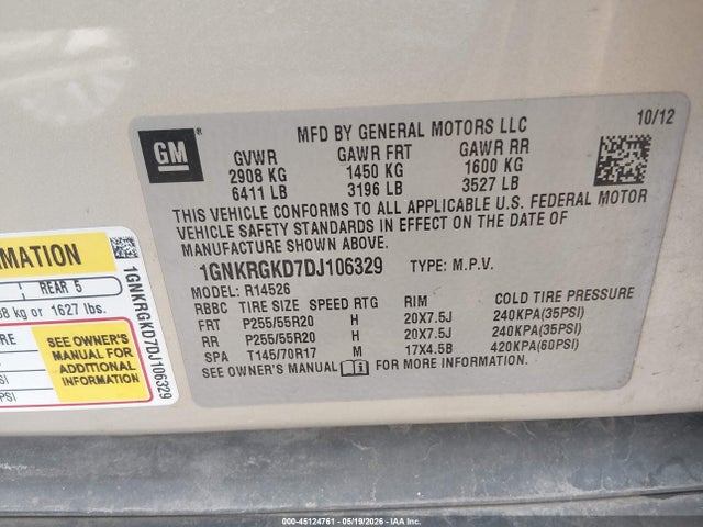 45124761 :رقم المزاد ، 1GNKRGKD7DJ106329 vin ، 2013 Chevrolet Traverse 1lt مزاد بيع