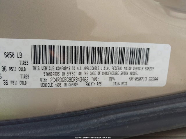 45124766 :رقم المزاد ، 2C4RDGBG9CR343463 vin ، 2012 Dodge Grand Caravan Se/avp مزاد بيع