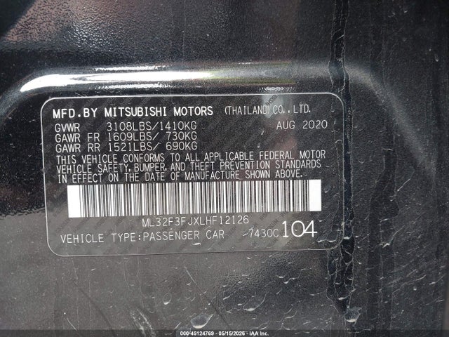 Aukcja sprzedaży 2020 Mitsubishi Mirage G4 Es, vin: ML32F3FJXLHF12126, numer aukcji: 45124769