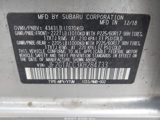 Продаж на аукціоні авто 2019 Subaru Crosstrek 2.0i Premium, vin: JF2GTACC3KH284733, номер лоту: 45124774