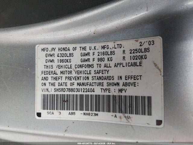 2003 Honda Cr-v Ex მანქანა იყიდება აუქციონზე, vin: SHSRD78803U122404, აუქციონის ნომერი: 45124775