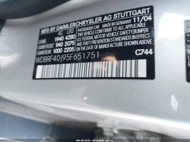 Aukcja sprzedaży 2005 Mercedes-benz C 230 Kompressor Sport, vin: WDBRF40J95F651751, numer aukcji: 45124782
