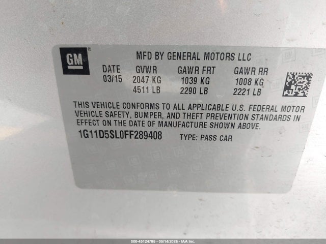 Продажа на аукционе авто 2015 Chevrolet Malibu 2lt, vin: 1G11D5SL0FF289408, номер лота: 45124785
