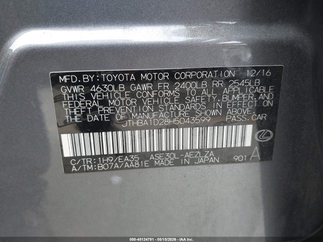 Продажа на аукционе авто 2017 Lexus Is 200t, vin: JTHBA1D28H5043599, номер лота: 45124791