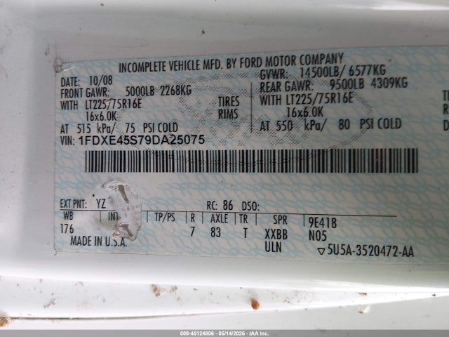 45124806 :رقم المزاد ، 1FDXE45S79DA25075 vin ، 2009 Ford E-450 Cutaway مزاد بيع