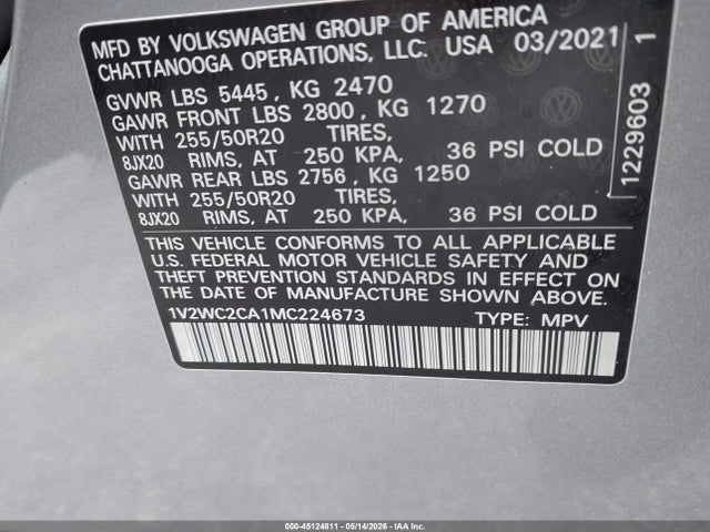 45124811 :رقم المزاد ، 1V2WC2CA1MC224673 vin ، 2021 Volkswagen Atlas Cross Sport 2.0t Se W/technology مزاد بيع