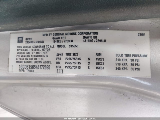 Продаж на аукціоні авто 2004 Chevrolet Colorado Ls, vin: 1GCDS196548172895, номер лоту: 45124816