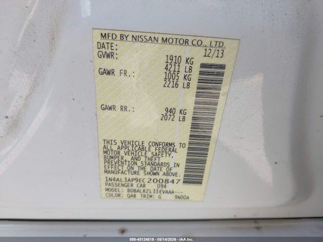 Aukcja sprzedaży 2014 Nissan Altima 2.5 S, vin: 1N4AL3AP9EC200847, numer aukcji: 45124819