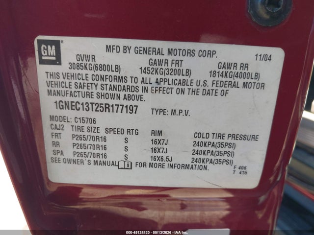 45124820 :رقم المزاد ، 1GNEC13T25R177197 vin ، 2005 Chevrolet Tahoe Ls مزاد بيع