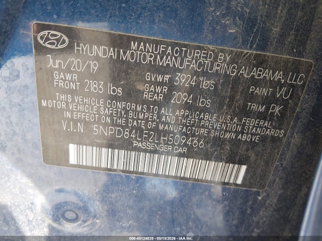 Продаж на аукціоні авто 2020 Hyundai Elantra Sel, vin: 5NPD84LF2LH509466, номер лоту: 45124839