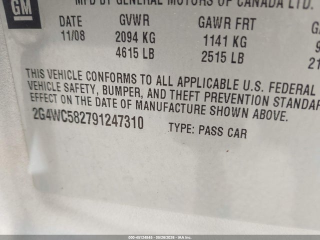 45124845 :رقم المزاد ، 2G4WC582791247310 vin ، 2009 Buick Lacrosse Cx مزاد بيع