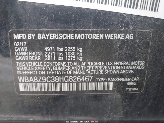 2017 Bmw 330i Gran Turismo Xdrive მანქანა იყიდება აუქციონზე, vin: WBA8Z9C38HG826467, აუქციონის ნომერი: 45124853