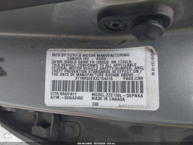 Aukcja sprzedaży 2003 Toyota Corolla Le, vin: 2T1BR32EX3C154315, numer aukcji: 45124862