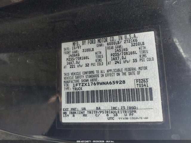 Продажа на аукционе авто 1998 Ford F-150 Lariat/standard/xl/xlt, vin: 1FTZX1769WNA65928, номер лота: 45124871