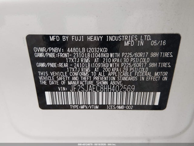 Aukcja sprzedaży 2017 Subaru Forester 2.5i Premium, vin: JF2SJAEC8HH402569, numer aukcji: 45124879