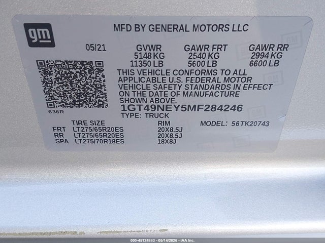 45124883 :رقم المزاد ، 1GT49NEY5MF284246 vin ، 2021 Gmc Sierra 2500hd 4wd  Standard Bed Slt مزاد بيع