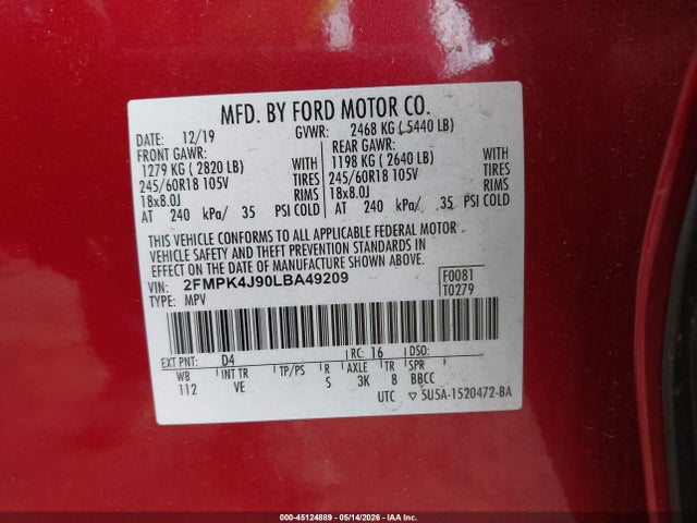 Продажа на аукционе авто 2020 Ford Edge Sel, vin: 2FMPK4J90LBA49209, номер лота: 45124889