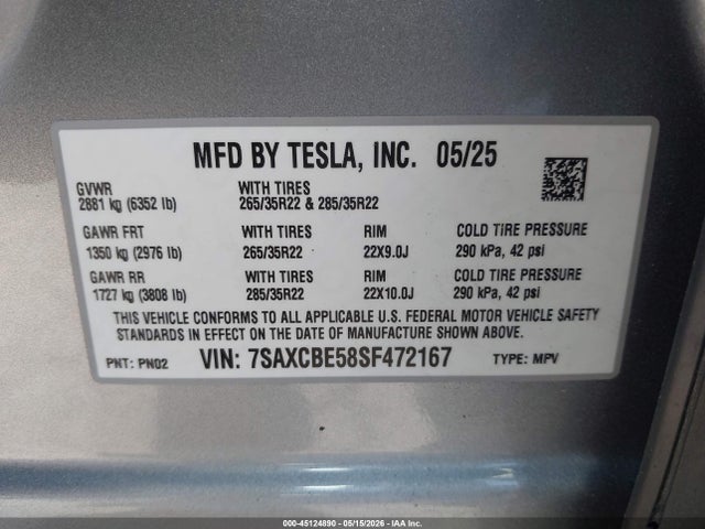 Aukcja sprzedaży 2025 Tesla Model X Long Range, vin: 7SAXCBE58SF472167, numer aukcji: 45124890