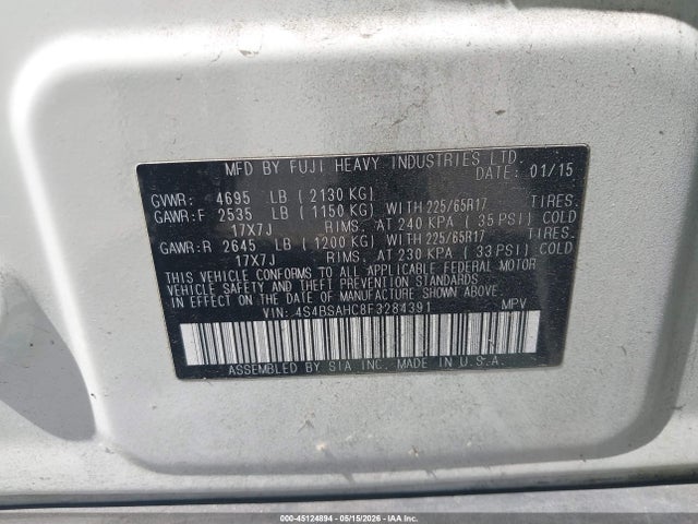 Продаж на аукціоні авто 2015 Subaru Outback 2.5i Premium, vin: 4S4BSAHC8F3284391, номер лоту: 45124894