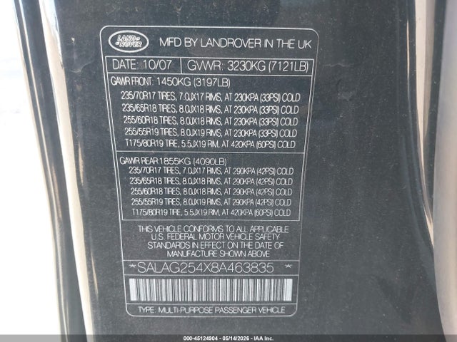 Aukcja sprzedaży 2008 Land Rover Lr3 V8 Hse, vin: SALAG254X8A463835, numer aukcji: 45124904