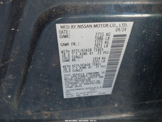 45124903 :رقم المزاد ، 5N1AR2MN0EC695013 vin ، 2014 Nissan Pathfinder S مزاد بيع