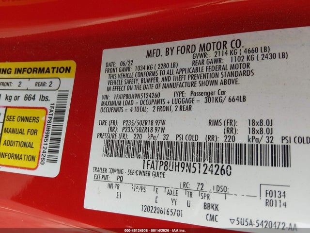 Aukcja sprzedaży 2022 Ford Mustang Ecoboost Premium, vin: 1FATP8UH9N5124260, numer aukcji: 45124906
