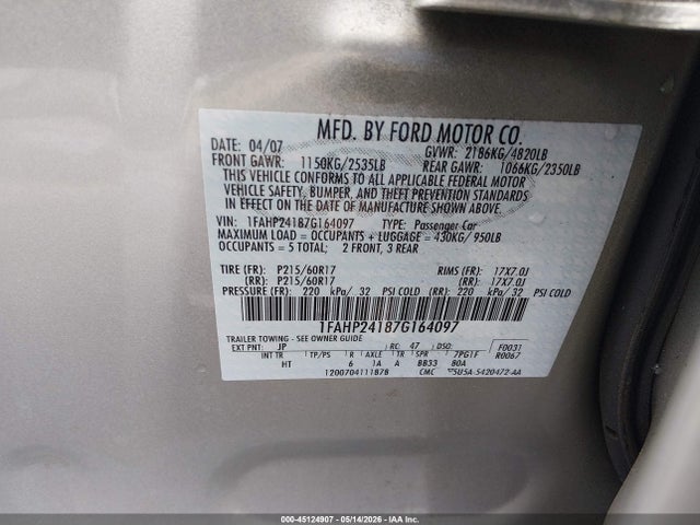 45124907 :رقم المزاد ، 1FAHP24187G164097 vin ، 2007 Ford Five Hundred Sel مزاد بيع