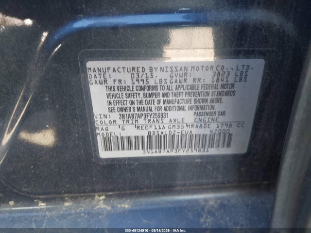 Продаж на аукціоні авто 2015 Nissan Sentra Sv, vin: 3N1AB7AP3FY259831, номер лоту: 45124910