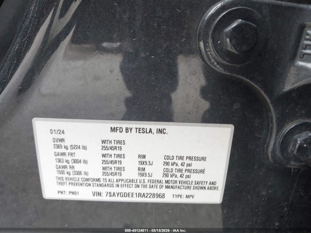 45124911 :رقم المزاد ، 7SAYGDEE1RA228968 vin ، 2024 Tesla Model Y Long Range Dual Motor All-wheel Drive مزاد بيع