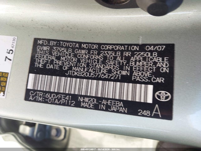 Aukcja sprzedaży 2007 Toyota Prius, vin: JTDKB20U577647271, numer aukcji: 45124917