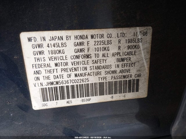 45124925 :رقم المزاد ، JHMCM56367C022625 vin ، 2007 Honda Accord 2.4 Se مزاد بيع