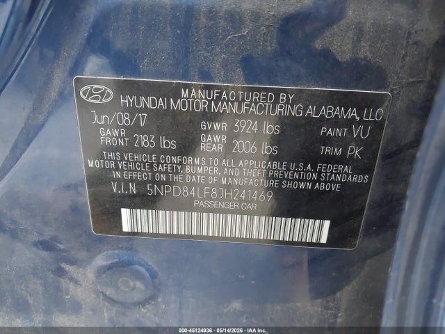 Продаж на аукціоні авто 2018 Hyundai Elantra Sel, vin: 5NPD84LF8JH241469, номер лоту: 45124936