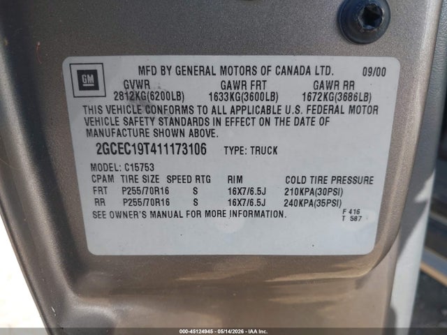 2001 Chevrolet Silverado 1500 Ls მანქანა იყიდება აუქციონზე, vin: 2GCEC19T411173106, აუქციონის ნომერი: 45124945