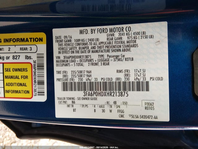 2017 Ford Fusion Se მანქანა იყიდება აუქციონზე, vin: 3FA6P0HDXHR213875, აუქციონის ნომერი: 45124967
