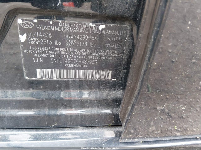 2009 Hyundai Sonata Gls მანქანა იყიდება აუქციონზე, vin: 5NPET46C79H487963, აუქციონის ნომერი: 45124969