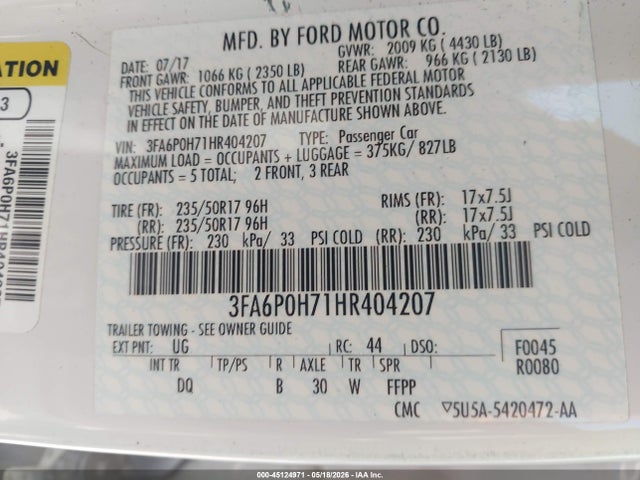 2017 Ford Fusion Se მანქანა იყიდება აუქციონზე, vin: 3FA6P0H71HR404207, აუქციონის ნომერი: 45124971