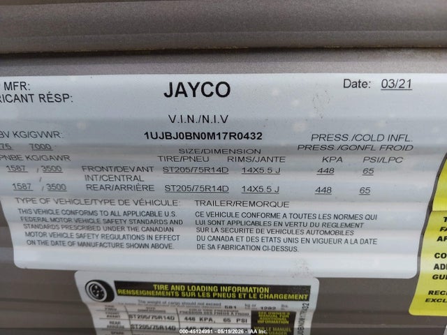 2023 Jayco Jay Flight Slx 242bhs Travel Trailer მანქანა იყიდება აუქციონზე, vin: 1UJBJ0BN0M17R0432, აუქციონის ნომერი: 45124991