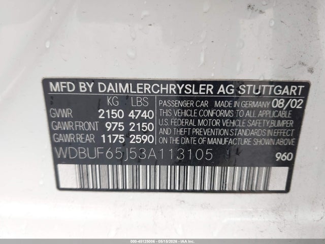 45125006 :رقم المزاد ، WDBUF65J53A113105 vin ، 2003 Mercedes-benz E 320 مزاد بيع