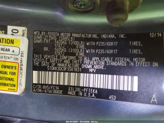 Aukcja sprzedaży 2015 Toyota Sienna Le 7 Passenger, vin: 5TDKK3DC9FS561831, numer aukcji: 45125007