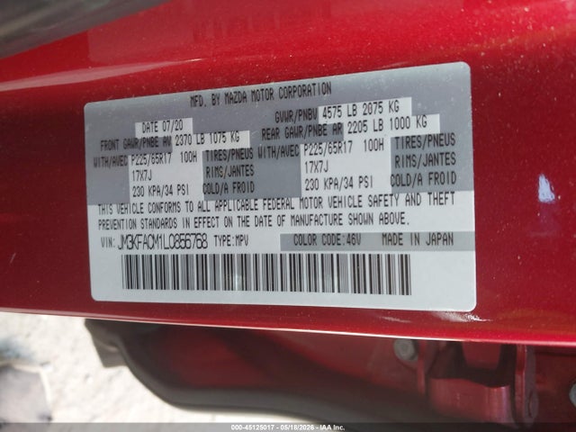 Aukcja sprzedaży 2020 Mazda Cx-5 Touring, vin: JM3KFACM1L0856768, numer aukcji: 45125017