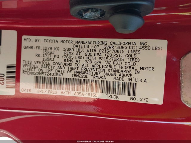 45125023 :رقم المزاد ، 5TENX22N57Z401947 vin ، 2007 Toyota Tacoma مزاد بيع