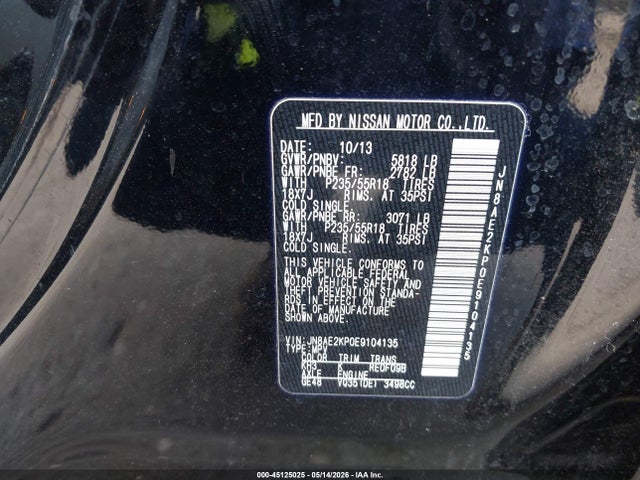 45125025 :رقم المزاد ، JN8AE2KP0E9104135 vin ، 2014 Nissan Quest Sl مزاد بيع