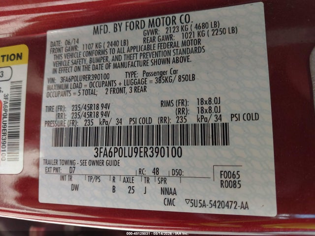 Aukcja sprzedaży 2014 Ford Fusion Hybrid Se, vin: 3FA6P0LU9ER390100, numer aukcji: 45125031
