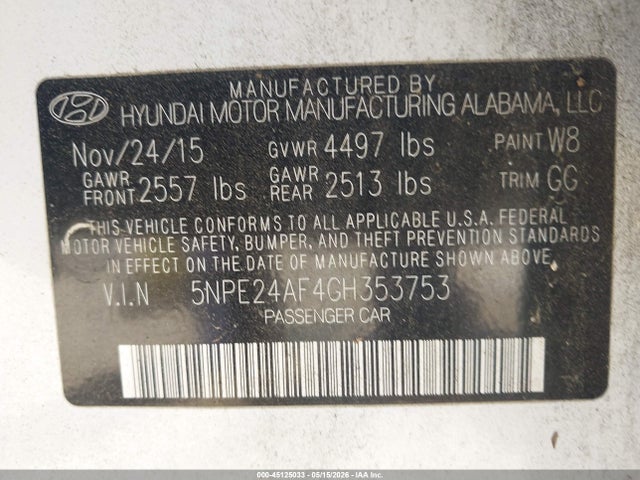 45125033 :رقم المزاد ، 5NPE24AF4GH353753 vin ، 2016 Hyundai Sonata Se مزاد بيع