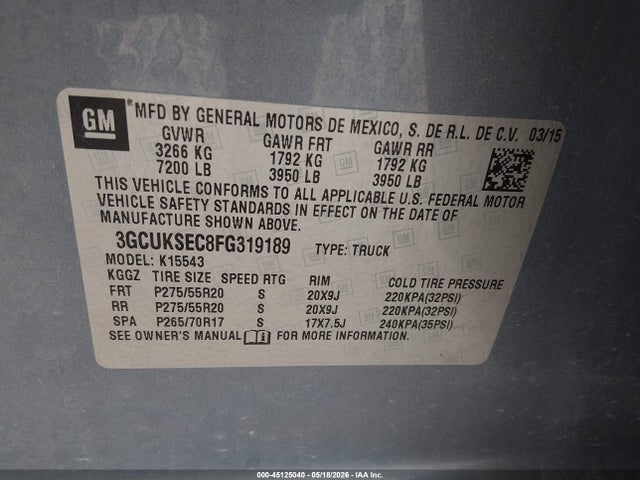 Продажа на аукционе авто 2015 Chevrolet Silverado 1500 1lz, vin: 3GCUKSEC8FG319189, номер лота: 45125040