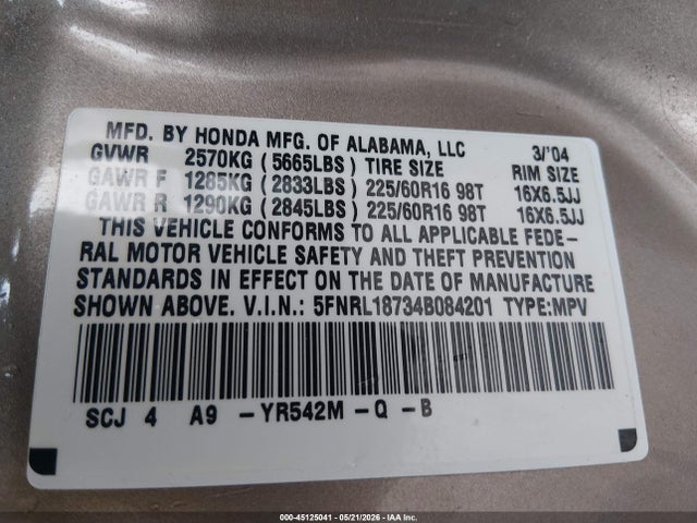 45125041 :رقم المزاد ، 5FNRL18734B084201 vin ، 2004 Honda Odyssey Ex-l مزاد بيع