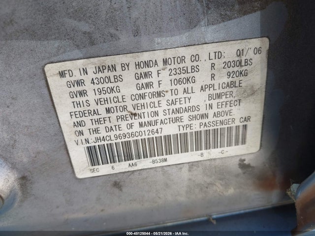 Auction sale of the 2006 Acura Tsx, vin: JH4CL96936C012647, lot number: 45125044