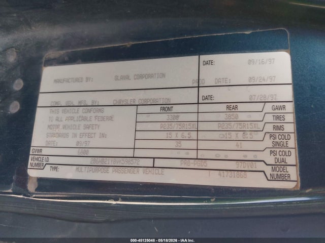 Aukcja sprzedaży 1997 Dodge Ram Van 2500 Commercial, vin: 2B6HB21Y8VK598572, numer aukcji: 45125048